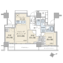 ３ＬＤＫ、専有面積６６．８６ｍ２、バルコニー面積１４．５５ｍ２（サービスバルコニー面積も含む）