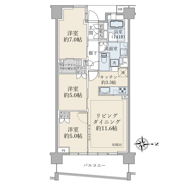 ブリリア湘南辻堂海浜公園の間取図/5F/5,580万円/3LDK+WIC/71.78 m²