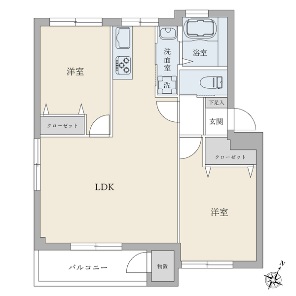 ２ＬＤＫ、壁芯面積６１．８９平米（約１８．７２坪）のゆとりある住戸です。