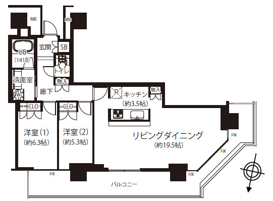 【間取り図】３１階角部屋×７６．１１平米×２ＬＤＫ
