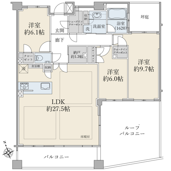 プランヴェール等々力緑地の間取図／6F／9,280万円／3LDK+N／108.34 m²