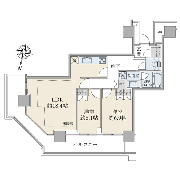 １６階部分・北東向き角住戸・２ＬＤＫ