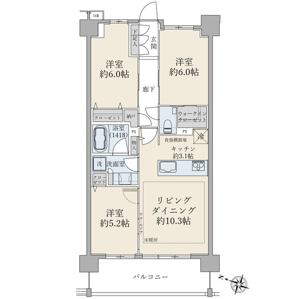３階部分／南西向き／６８．２８平米／３ＬＤＫ＋ＷＩＣ＋Ｎ