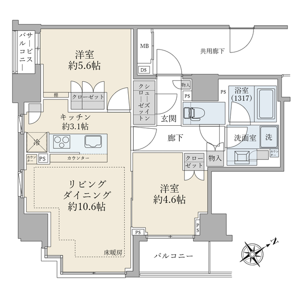 ブリリア日本橋茅場町の間取図/4F/14,000万円/2LDK/58.01 m²