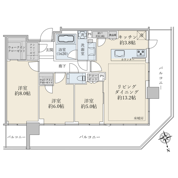 ８１．１９平米、３ＬＤＫの広々としたお部屋。角住戸ならではのＬ字型二面バルコニー。