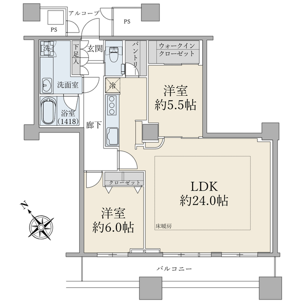 ５０階建３７階部分／８３．６８平米／２ＬＤＫ＋ＷＩＣ／南西向き