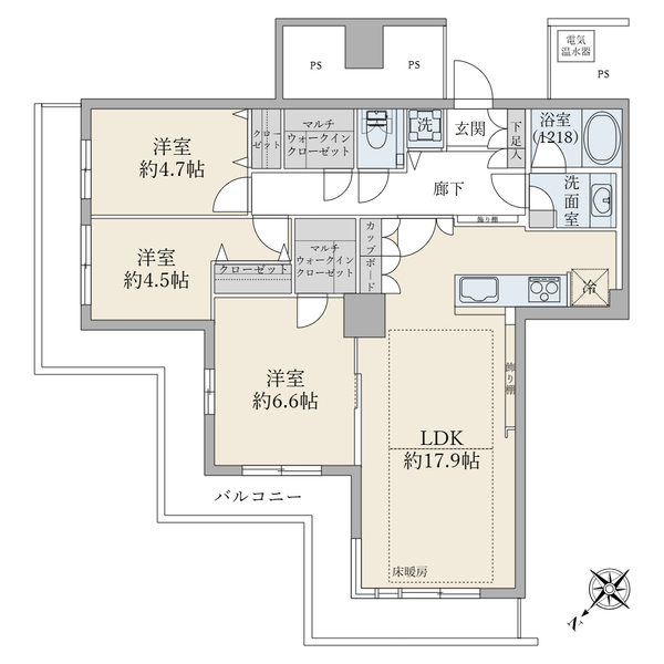 ５０階建４９階部分／７７．５２平米／３ＬＤＫ／北向き