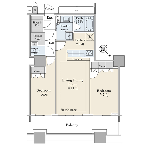 ブリリアマーレ有明タワー＆ガーデンの間取図／29F／11,480万円／2LDK+SIC+N／66.06 m²