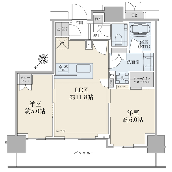 ブリリアタワー有明ミッドクロスの間取図/11F/9,700万円/2LDK+WIC/54.9 m²