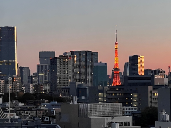 【リビングからの眺望】一日の終わりを優しく包み込む、東京タワー方面の美しい夕景。