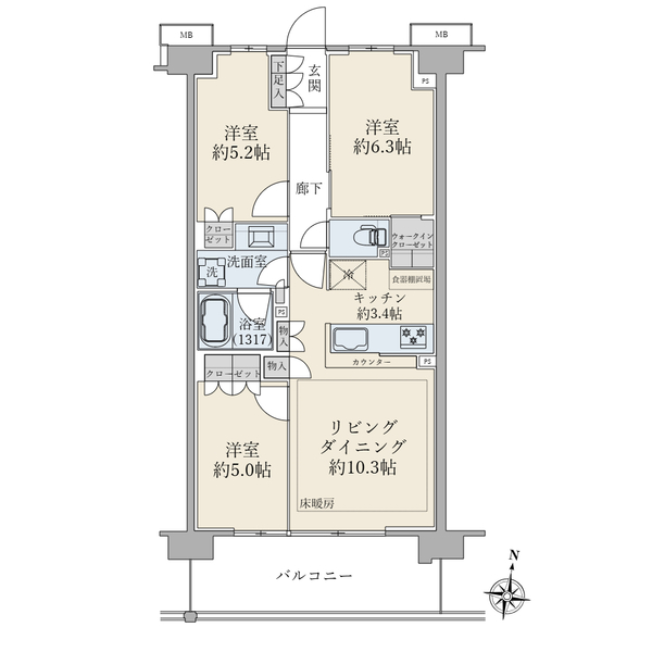 ６５．５２平米／３ＬＤＫ／南向き／９階住戸