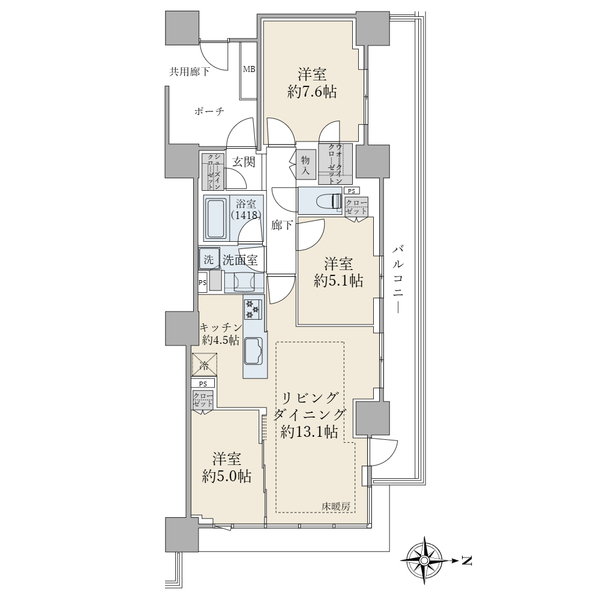 【間取り図】７６．４０平米／３ＬＤＫ＋ＷＩＣ＋ＳＩＣ／北向き角住戸／６階部分／全室開口部有