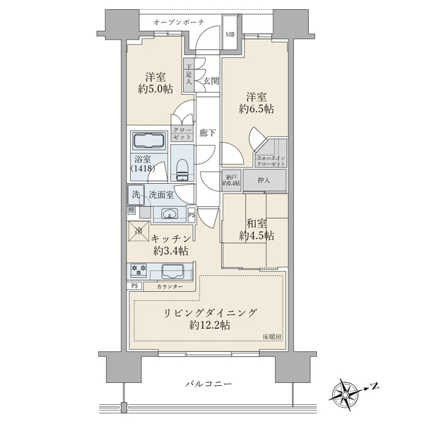 【間取り図】７０．５９平米／３ＬＤＫ＋Ｎ＋ＷＩＣ／南東向き／１４階建１１階部分