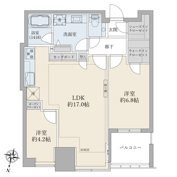専有面積６５．６５平米／２ＬＤＫ＋ＷＩＣ＋ＳＩＣ