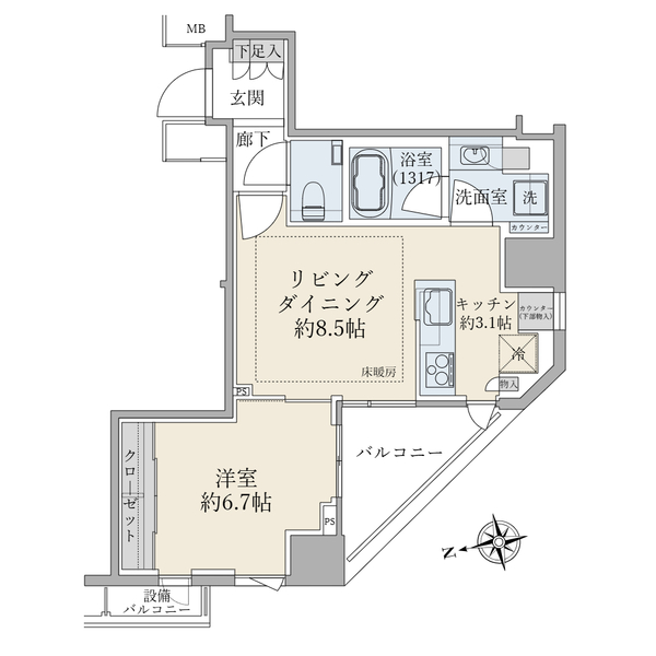 三菱地所レジデンス旧分譲の「ザ・パークハウス」シリーズ。４５．３７平米の１ＬＤＫ