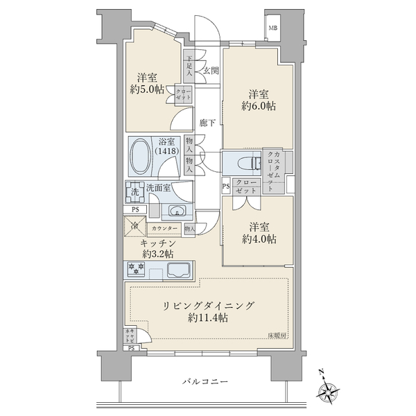 ブリリア品川戸越パークスの間取図/2F/12,680万円/3LDK+CC/66.86 m²