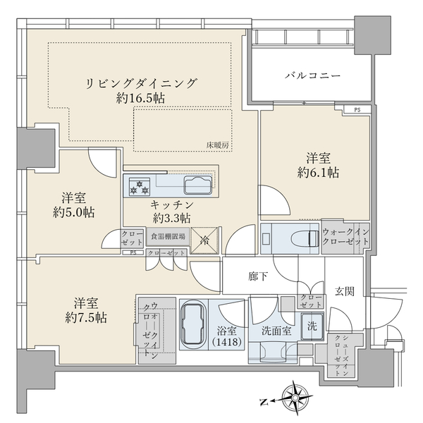 ＊二面採光の開放感溢れるリビング＊東棟２２階／北東角住戸／収納豊富な３ＬＤＫ＋２ＷＩＣ＋ＳＩＣ