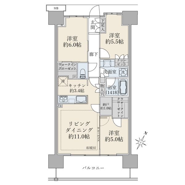 SHINTO CITY(シントシティ)の間取図/6F/8,280万円/3LDK+N+2WIC/72.5 m²