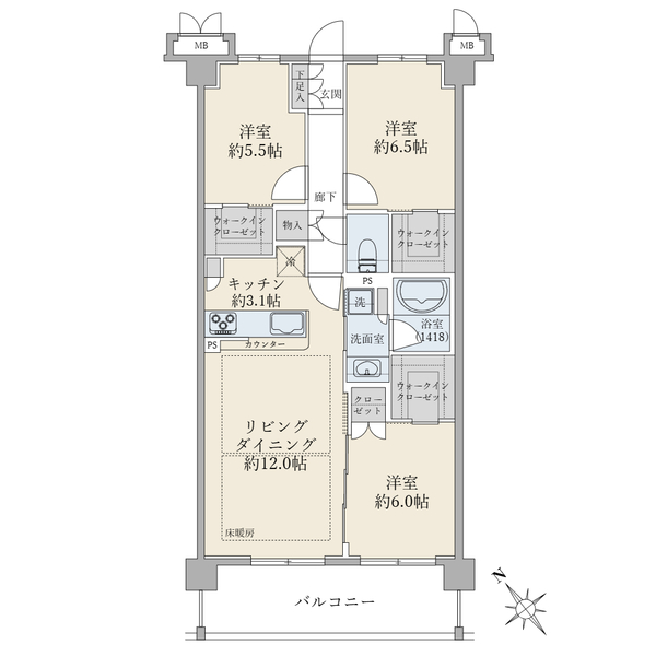 ３ＬＤＫ、専有面積７８．１ｍ２、バルコニー面積１１．４３ｍ２