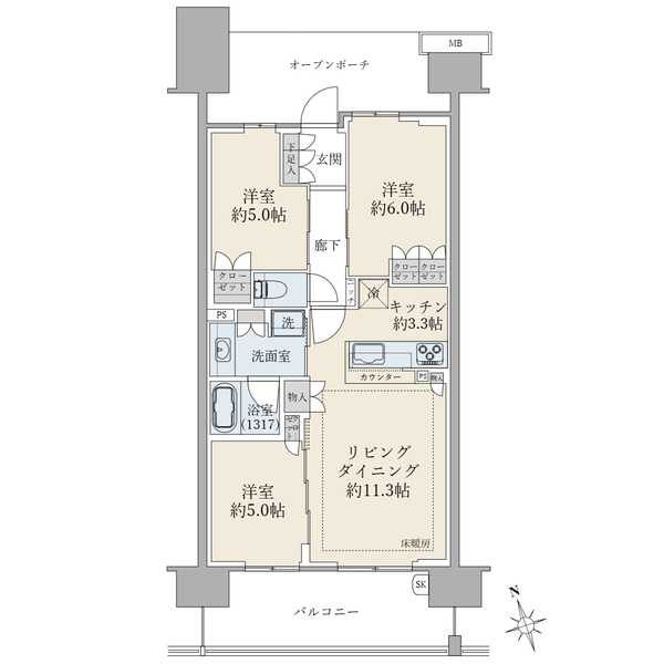 ３ＬＤＫ、専有面積６７．１９ｍ２、バルコニー面積１２．３ｍ２