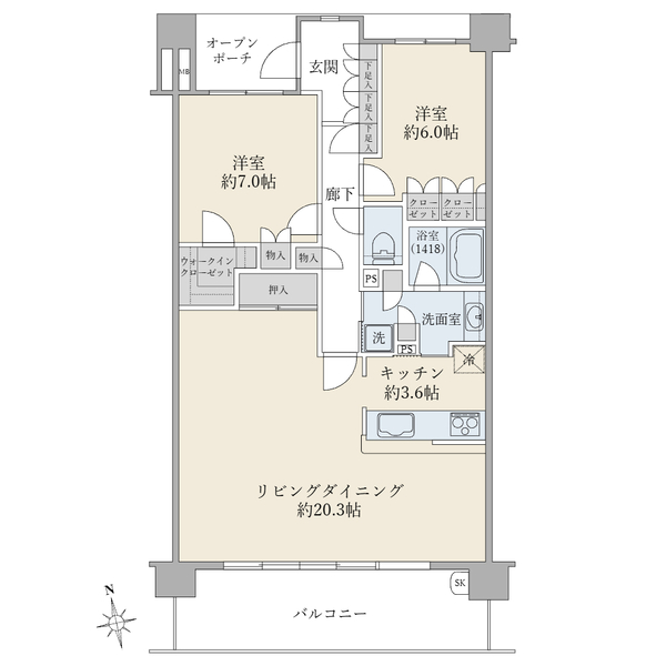 ２ＬＤＫ、専有面積８５ｍ２、バルコニー面積１４．４ｍ２