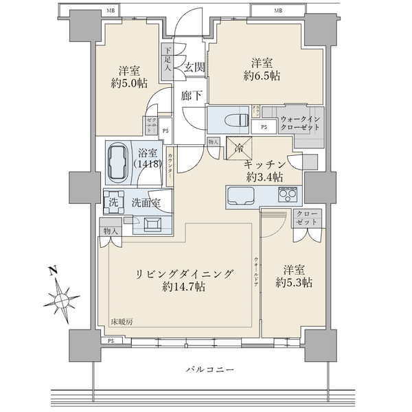 ３ＬＤＫ、専有面積７６．２３ｍ２、バルコニー面積１３．４１ｍ２